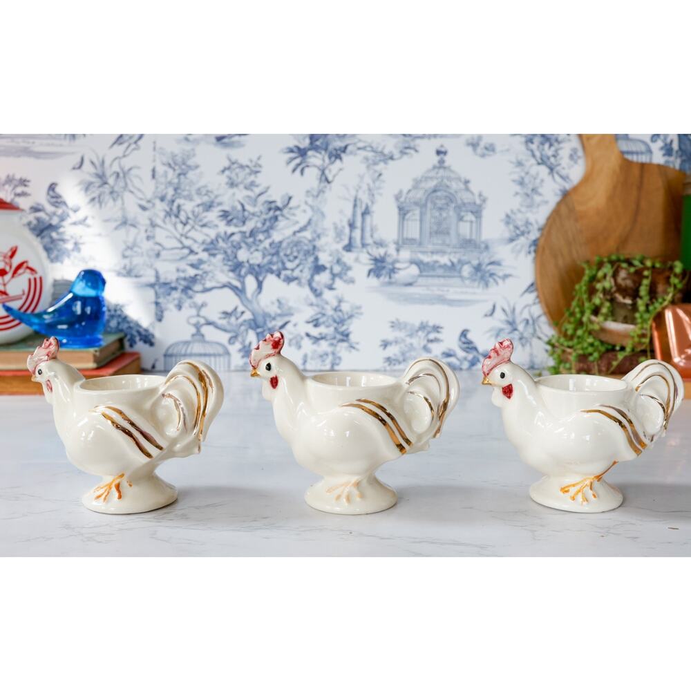 VTG Chicken Hen Rooster Egg Cup Holders Set of 3 Cottage Farmhouse Retro Brunch - Picture 11 of 15
